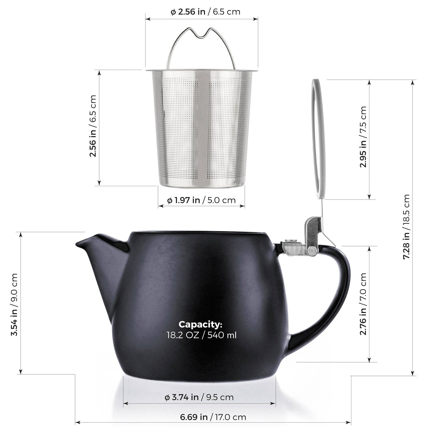 Pluto Black Porcelain Teapot Infuser 18.2 oz.