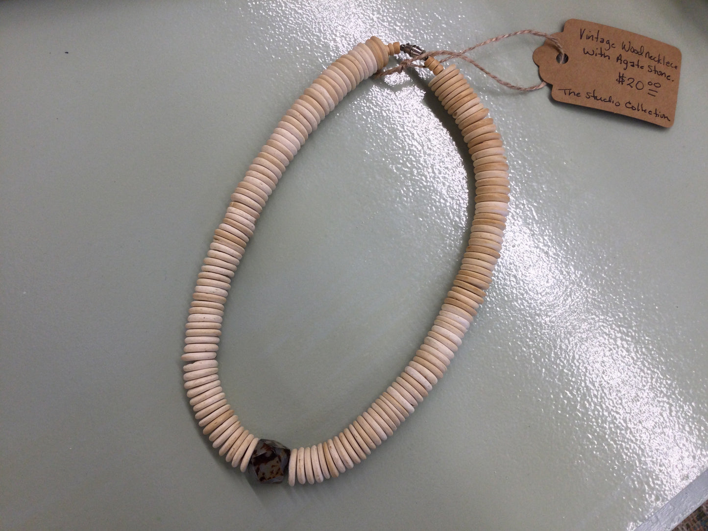 Vintage Wood Necklace with Agate Stone