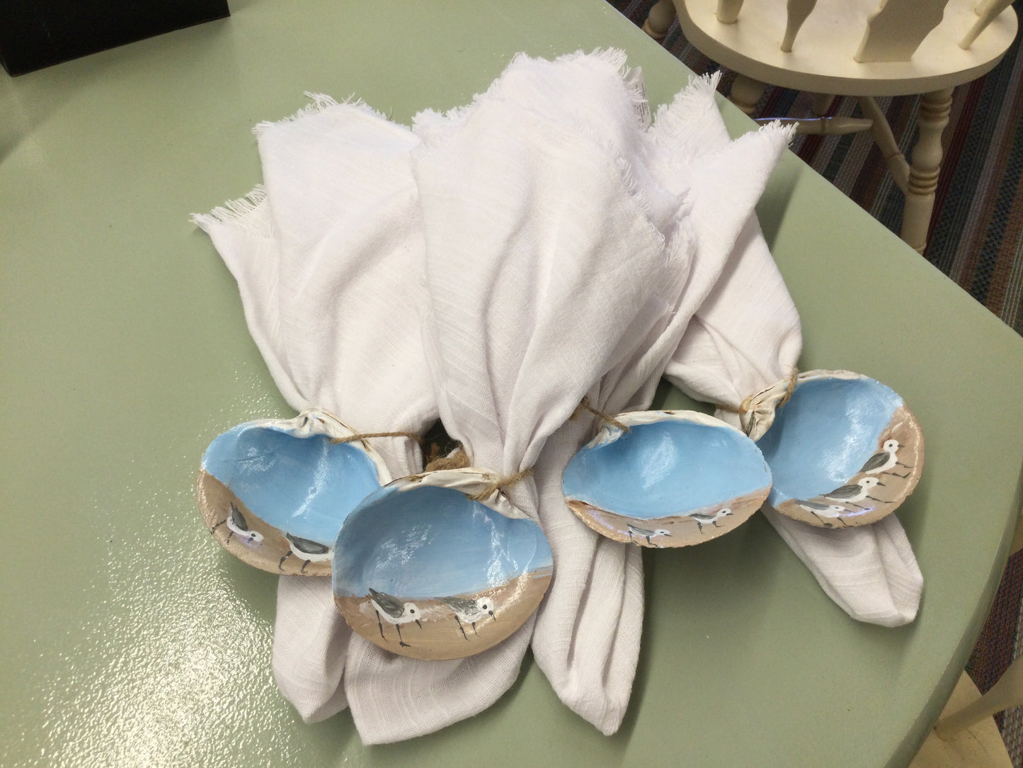 Nic’s Nacs Hand painted Sand Piper’s on Quahog Shell Napkin Ring Set.