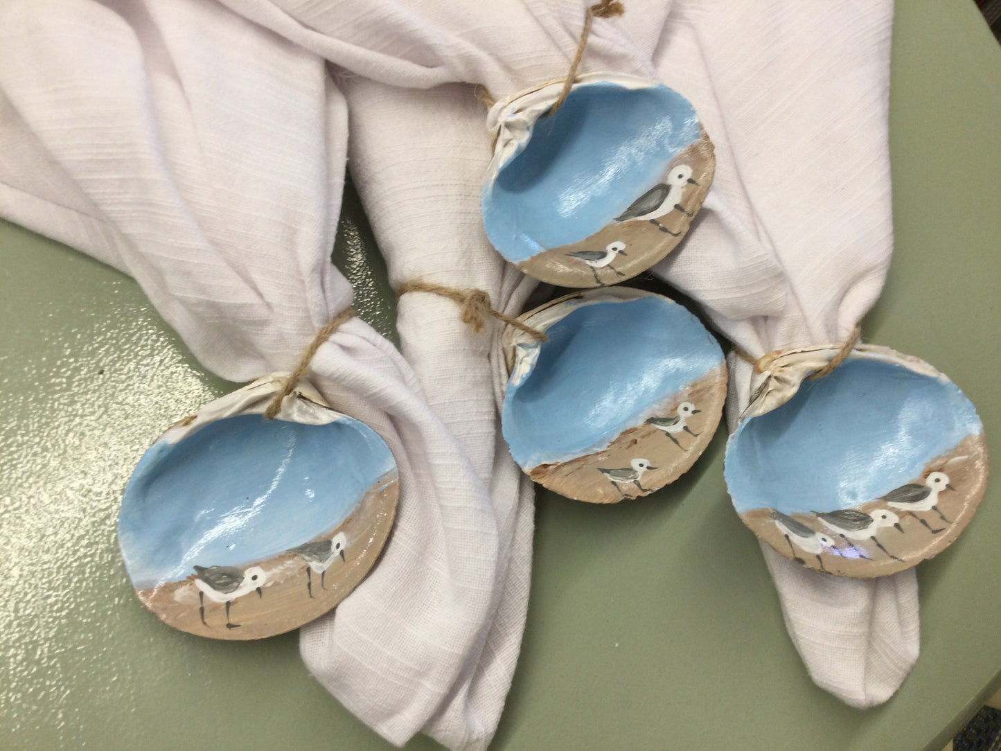 Nic’s Nacs Hand painted Sand Piper’s on Quahog Shell Napkin Ring Set.