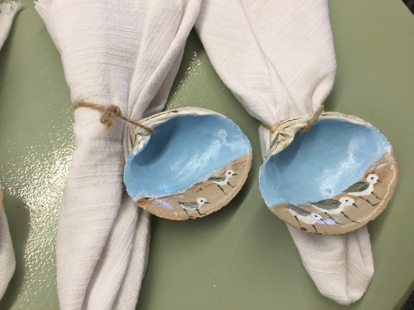 Nic’s Nacs Hand painted Sand Piper’s on Quahog Shell Napkin Ring Set.