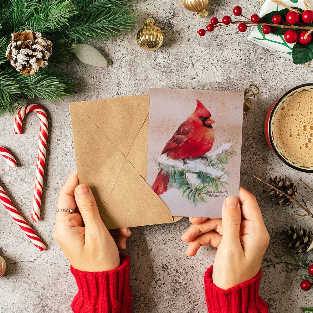Snowy Cardinal Holiday Gift Tag - Wildflower Mix Seed Packet