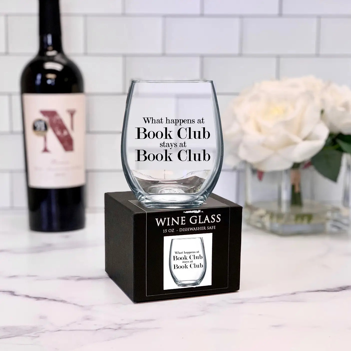 What Happens at Book Club 15 oz Stemless Wine Glass