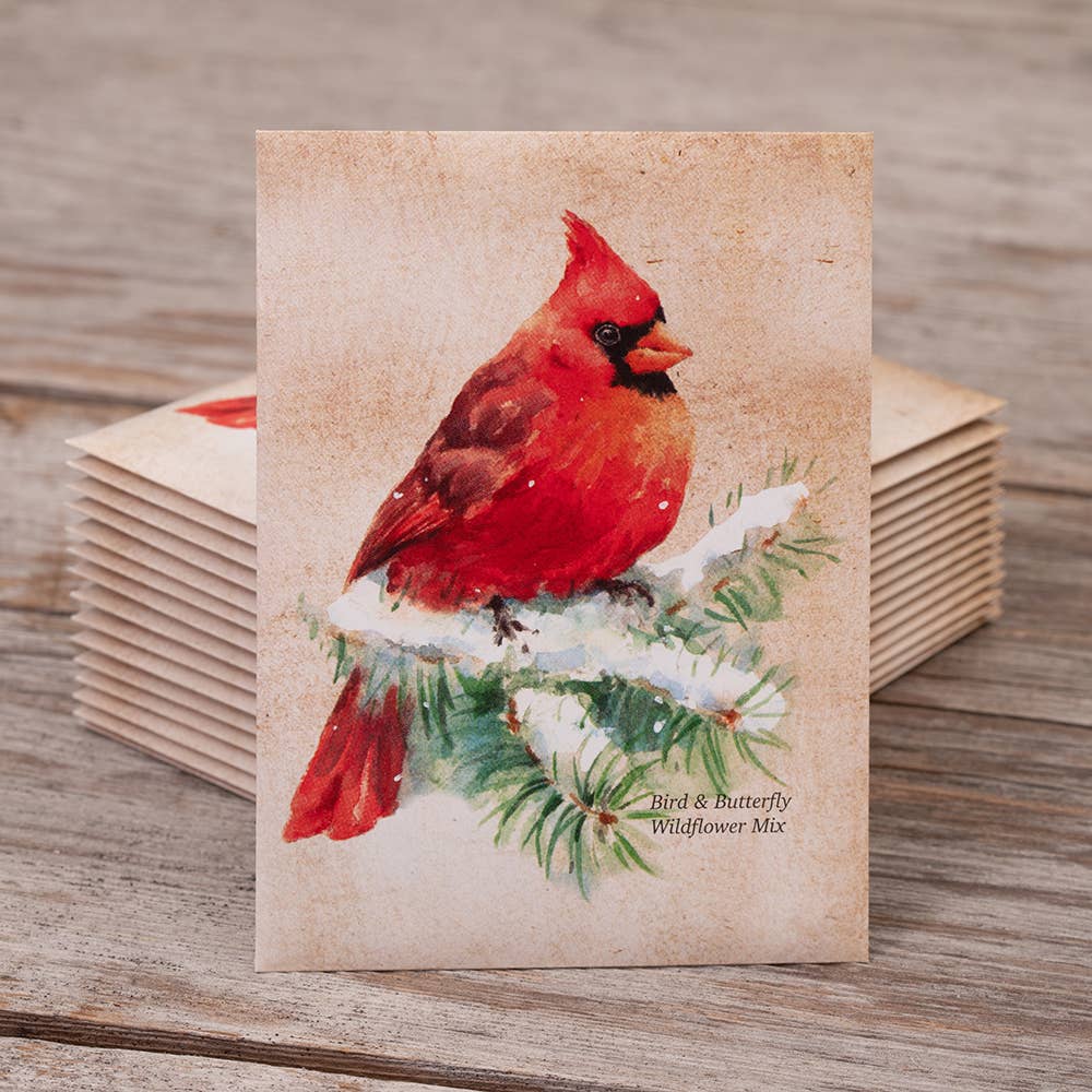 Snowy Cardinal Holiday Gift Tag - Wildflower Mix Seed Packet