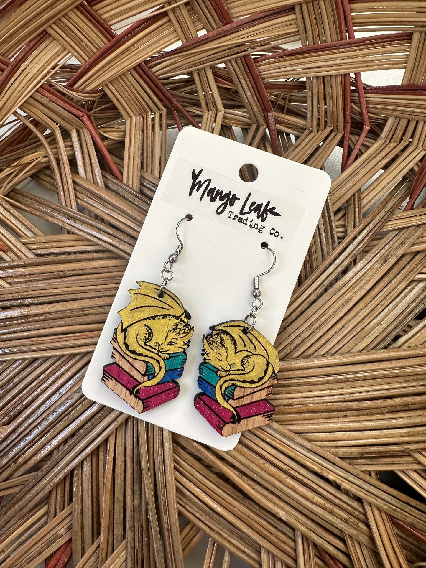 Book Dragon Earrings - Literary Lover Gift, Handmade Wooden Dangle Earrings