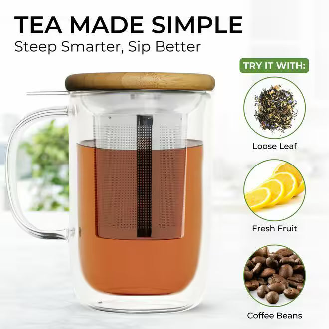 Venus Double Walled Glass Cup with Stainless Steel Infuser